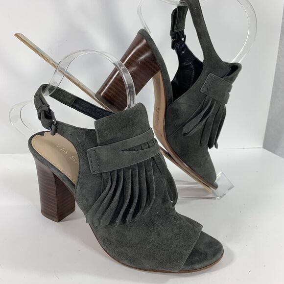 Via Spiga Bootie Peep Toe Sz 7 Heels Gray Leather Fringe Southwestern Country - Picture 16 of 16